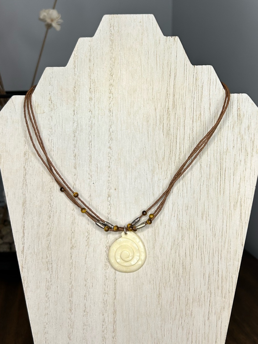Marjorie Baer Bovine Bone Spiral Pendant Tiger Eye Bead Multi Strand Necklace